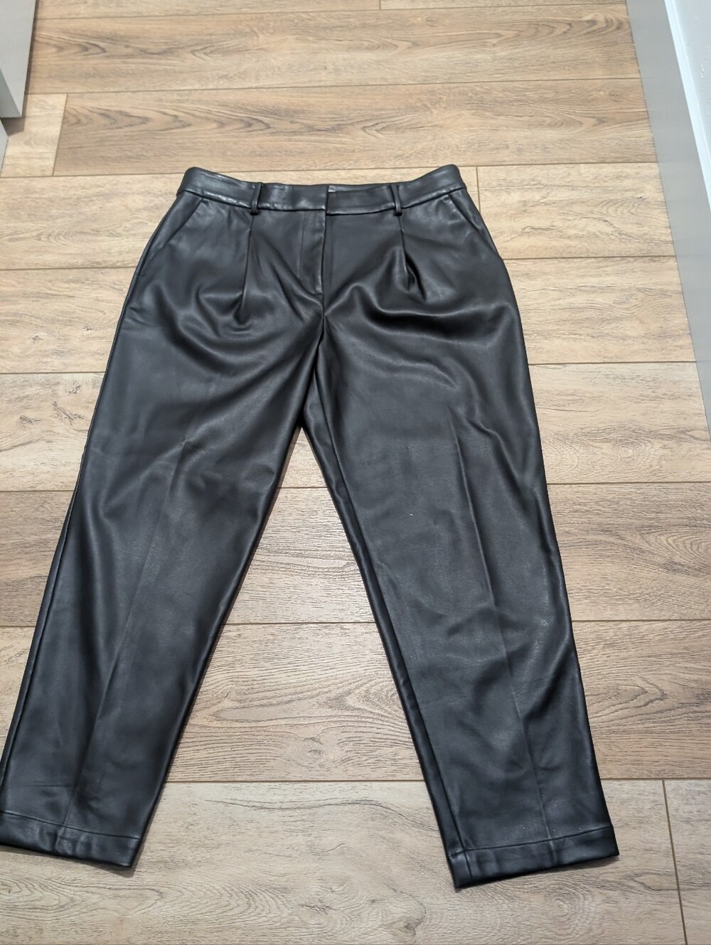Women's Black Faux Leather Pleated Trousers